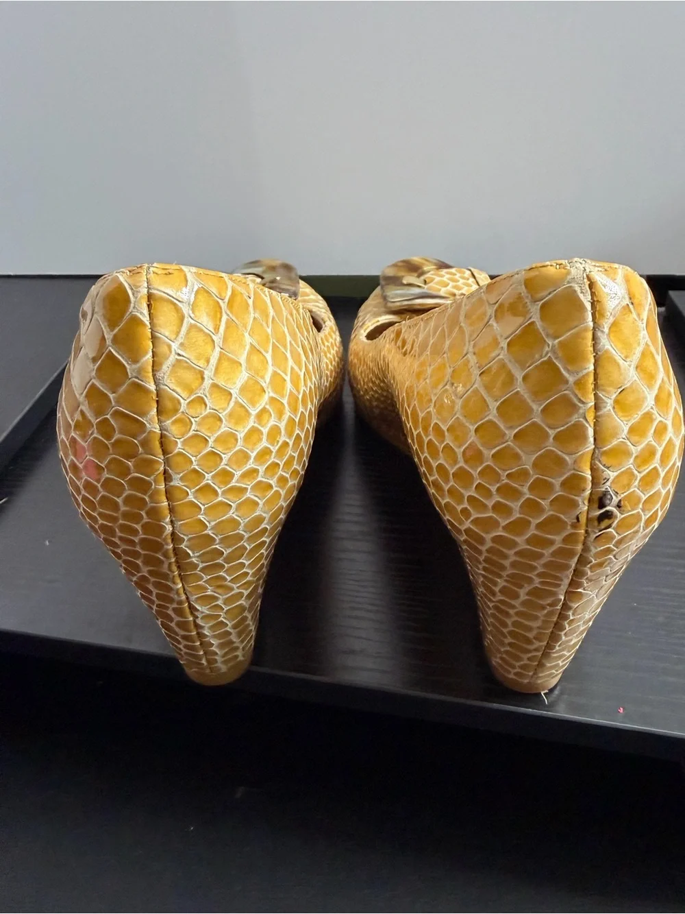 Stuart Weitzman Yellow Snakeskin-Print Flats with Marbled Buckle